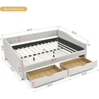 Wood Queen Day Bed Frame with 2 Storage Drawers, Upholstered Sofa Bed with Button and Nailhead Design, No Box Spring Needed