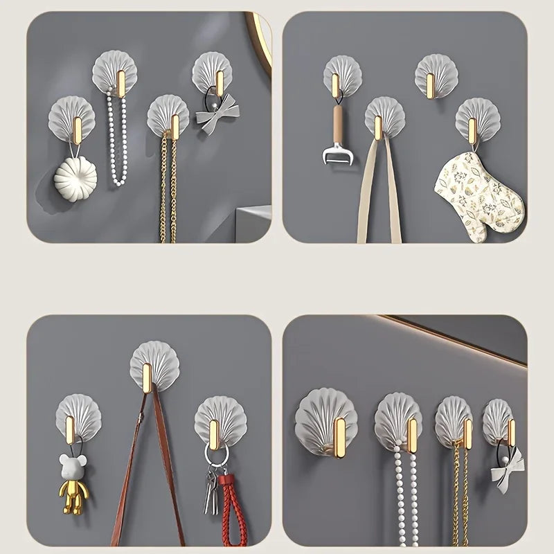 4pcs Shell gold-plated hook, no punching, home kitchen bath multifunctional door back adhesive hook