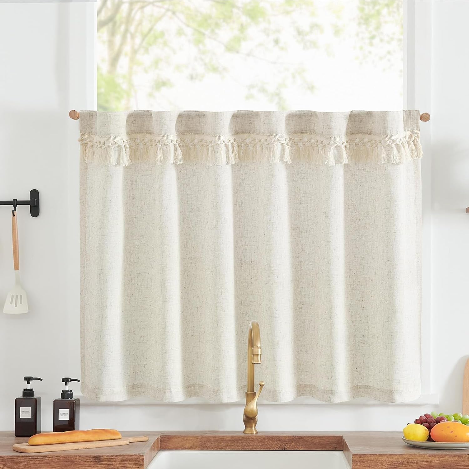 jinchan Linen Pinch Pleated Kitchen Curtains 24 Inch 2 Panels, Natural Linen Tier Curtains Back Tab Beige Farmhouse Cafe, Light Filtering Small Window Drapes for Bathroom Laundry Room Beige