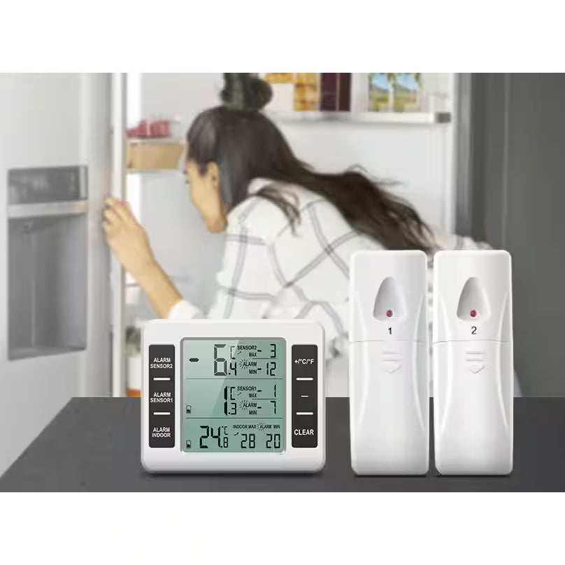 Indoor Wireless Refrigerator Thermometer with Alarm, Sensor Temperature for Kitchen in White