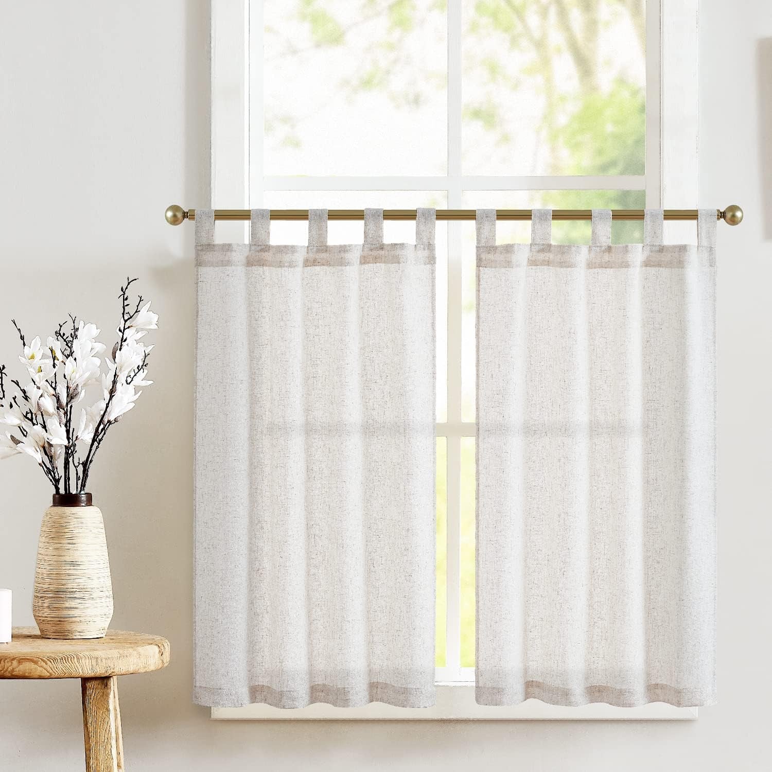 jinchan Linen Pinch Pleated Kitchen Curtains 24 Inch 2 Panels, Natural Linen Tier Curtains Back Tab Beige Farmhouse Cafe, Light Filtering Small Window Drapes for Bathroom Laundry Room Beige
