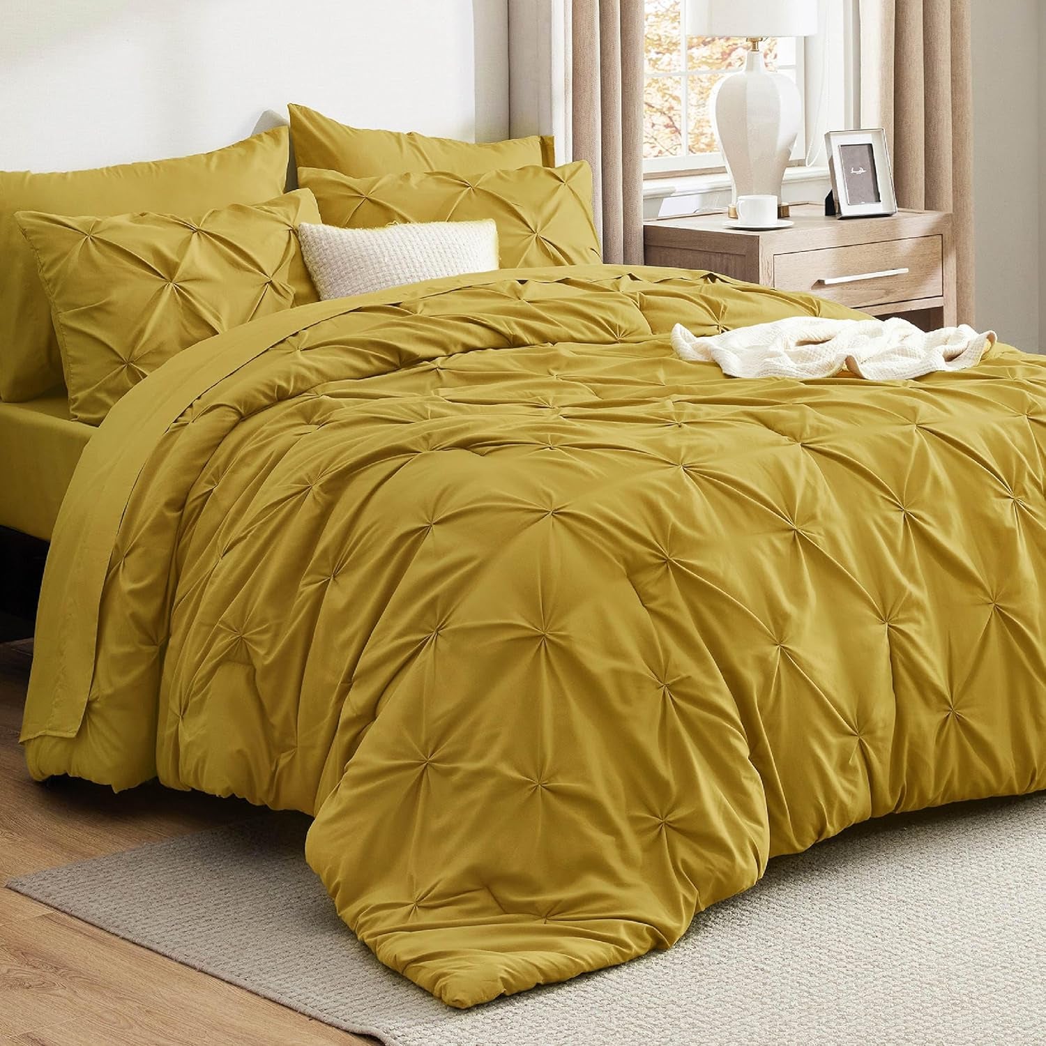 Bedsure Queen Comforter Set Grey - Bed in a Bag Queen Size 7 Pieces, GentleSoft™ Pintuck Bed Set Gift for Family, Pinch Pleat Grey Comforter with Sheets, Pillowcases & Shams
