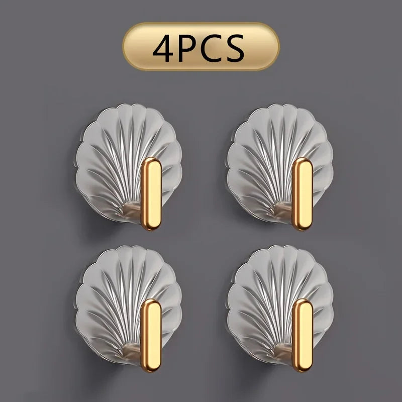 4pcs Shell gold-plated hook, no punching, home kitchen bath multifunctional door back adhesive hook