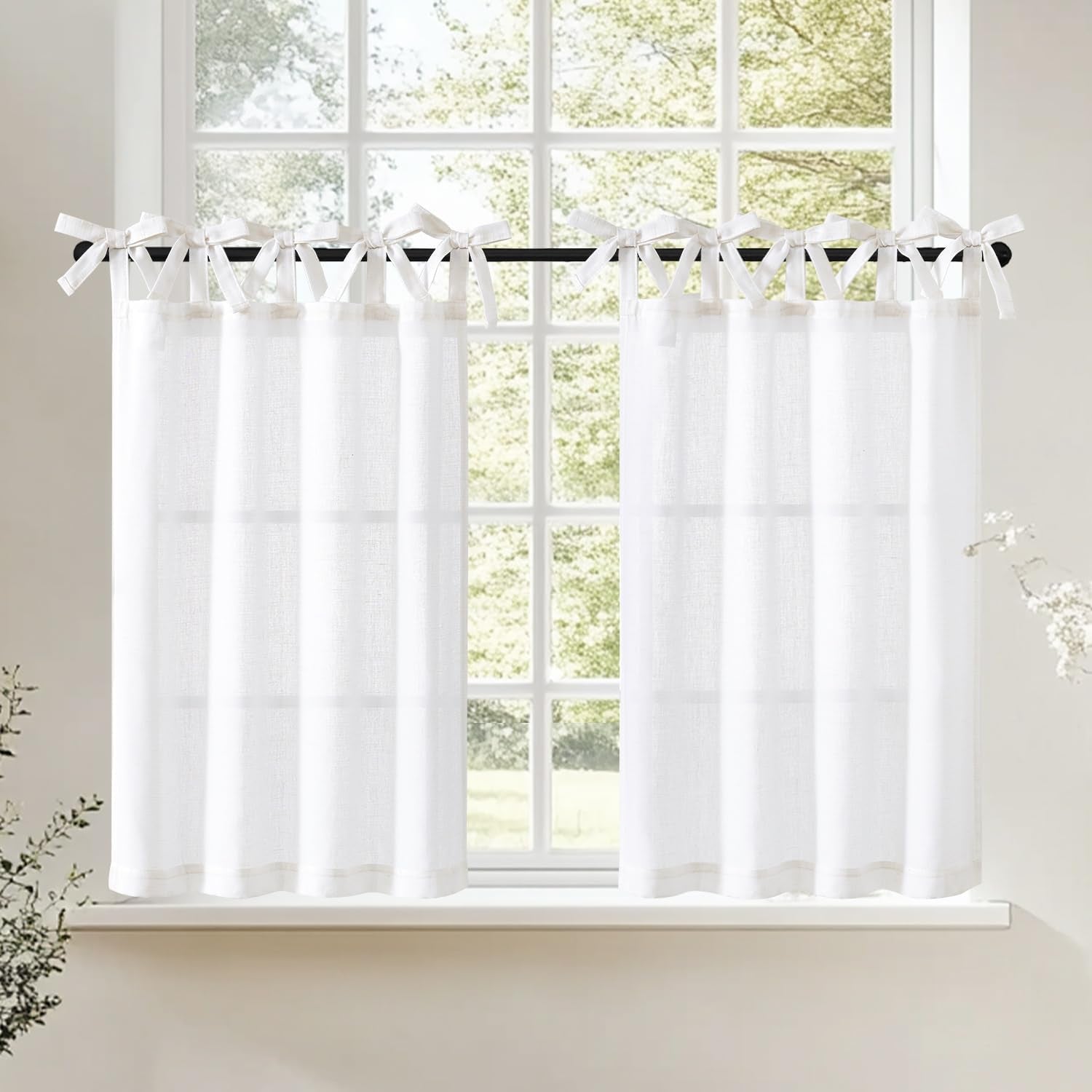 jinchan Linen Pinch Pleated Kitchen Curtains 24 Inch 2 Panels, Natural Linen Tier Curtains Back Tab Beige Farmhouse Cafe, Light Filtering Small Window Drapes for Bathroom Laundry Room Beige