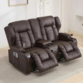 RV recliner sofa wall hugger with theater seating in dark brown leather. Features a center console with cup holders, ideal for RVs and home theaters.