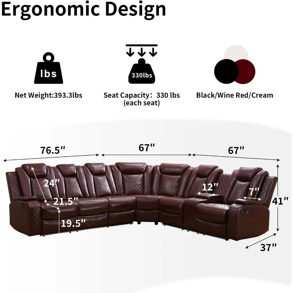 Recliner, Power Recliner Sofa Sectional Couches with LED Light, Leather Reclining Corner Sectional Sofa Set with 3 Recliner Seat