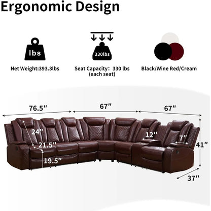 Recliner, Power Recliner Sofa Sectional Couches with LED Light, Leather Reclining Corner Sectional Sofa Set with 3 Recliner Seat