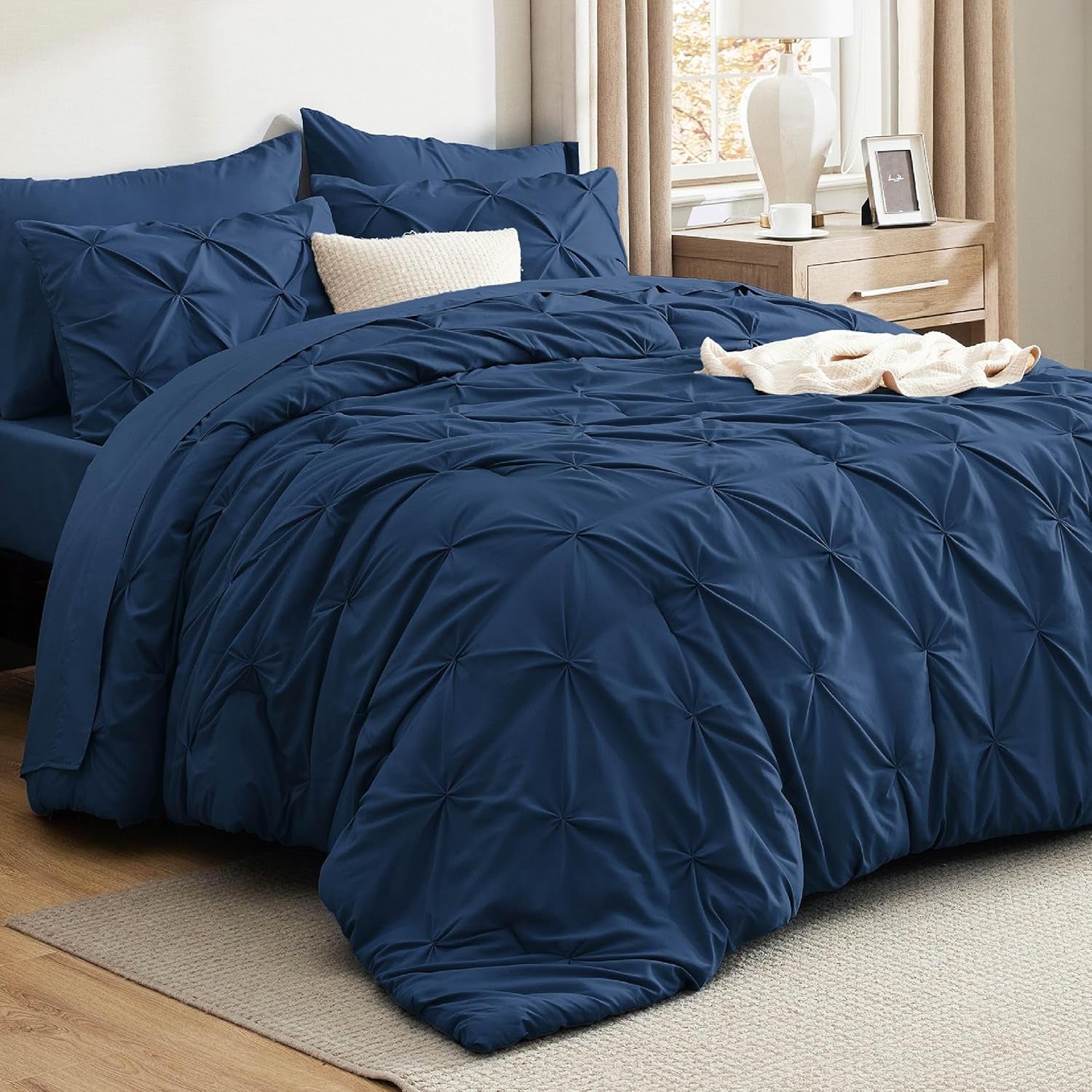 Bedsure Queen Comforter Set Grey - Bed in a Bag Queen Size 7 Pieces, GentleSoft™ Pintuck Bed Set Gift for Family, Pinch Pleat Grey Comforter with Sheets, Pillowcases & Shams