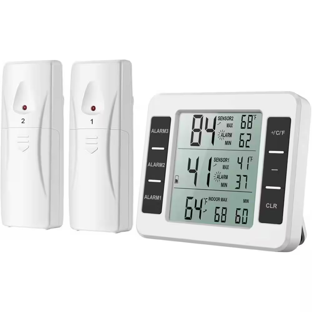 Indoor Wireless Refrigerator Thermometer with Alarm, Sensor Temperature for Kitchen in White