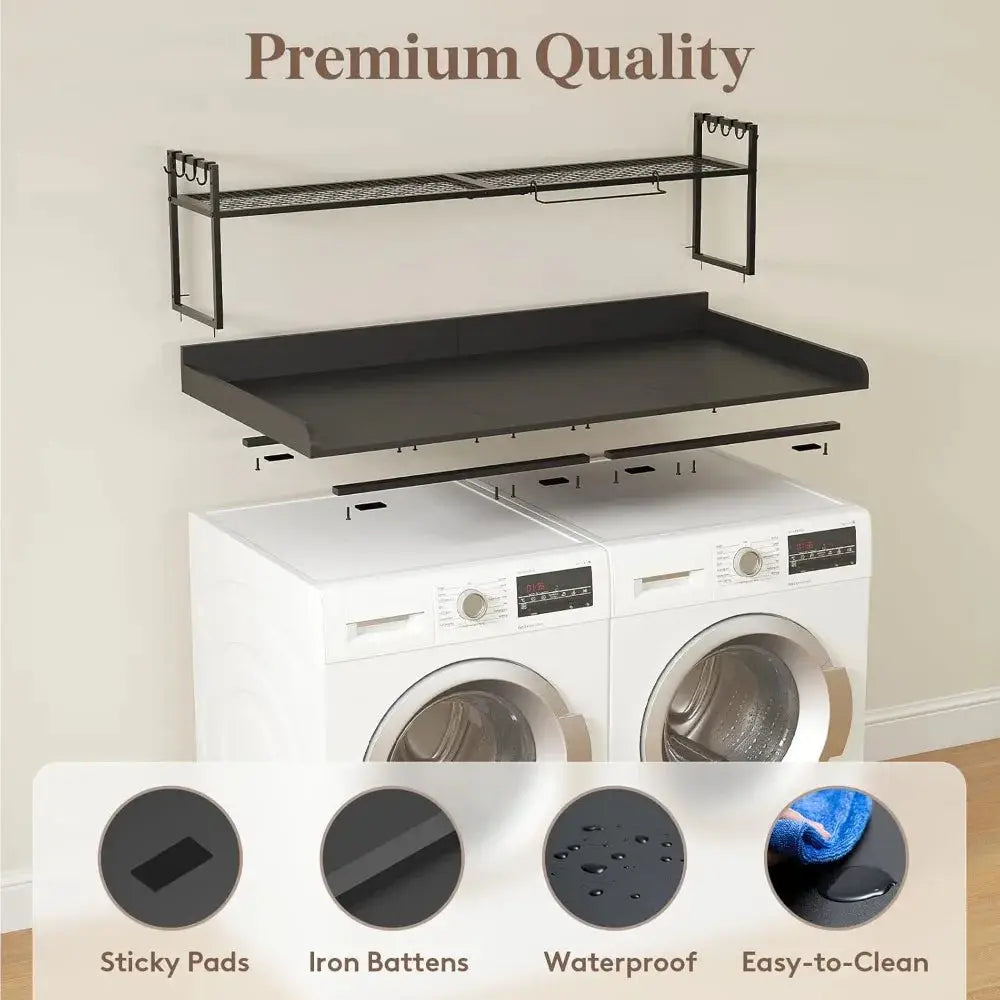 Easy installation guide for laundry room countertop with shelf. Features pre-drilled holes, labeled accessories, and user-friendly assembly manual.