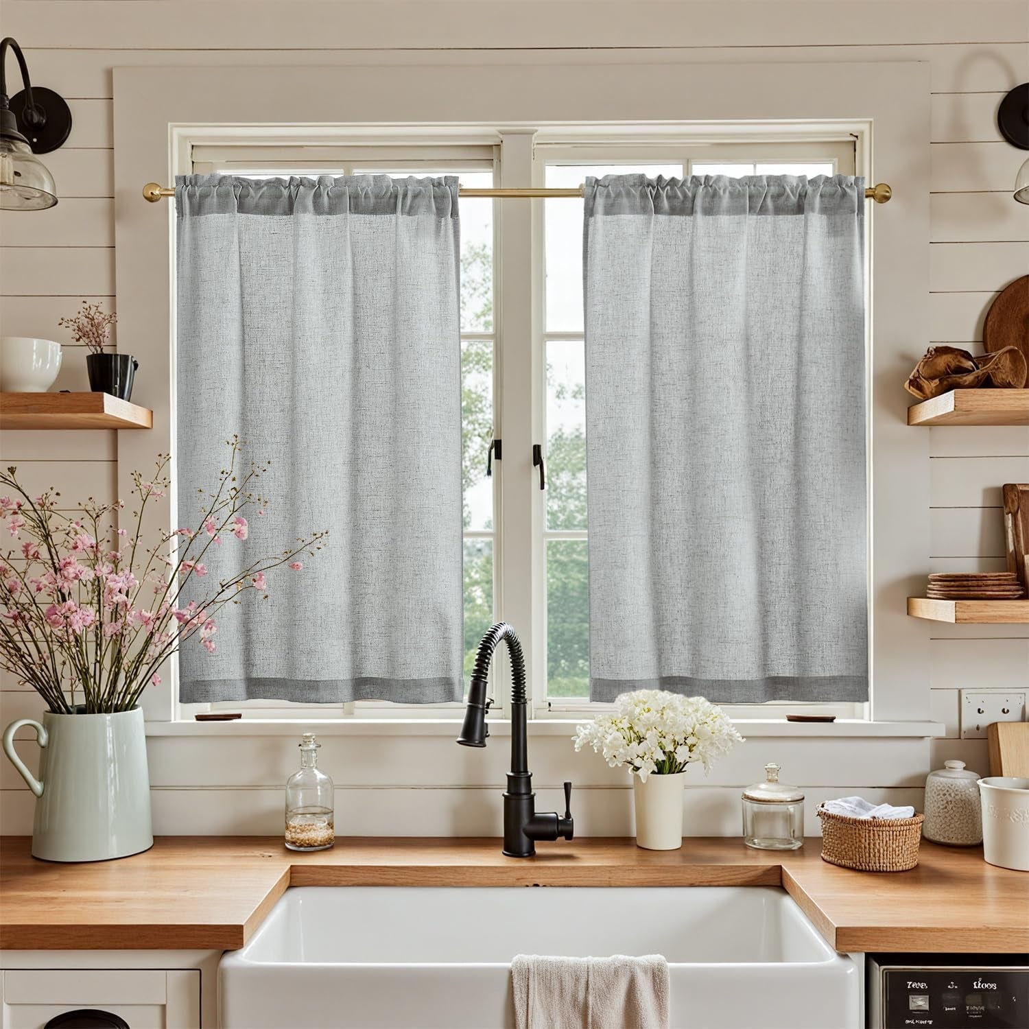 jinchan Linen Pinch Pleated Kitchen Curtains 24 Inch 2 Panels, Natural Linen Tier Curtains Back Tab Beige Farmhouse Cafe, Light Filtering Small Window Drapes for Bathroom Laundry Room Beige
