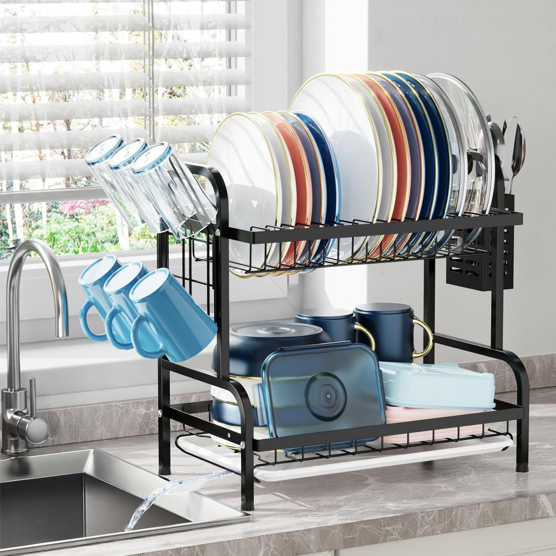 iSPECLE Dish Drying Rack - 2 Tier Dish Rack with Cup Holder, Dish Drainer