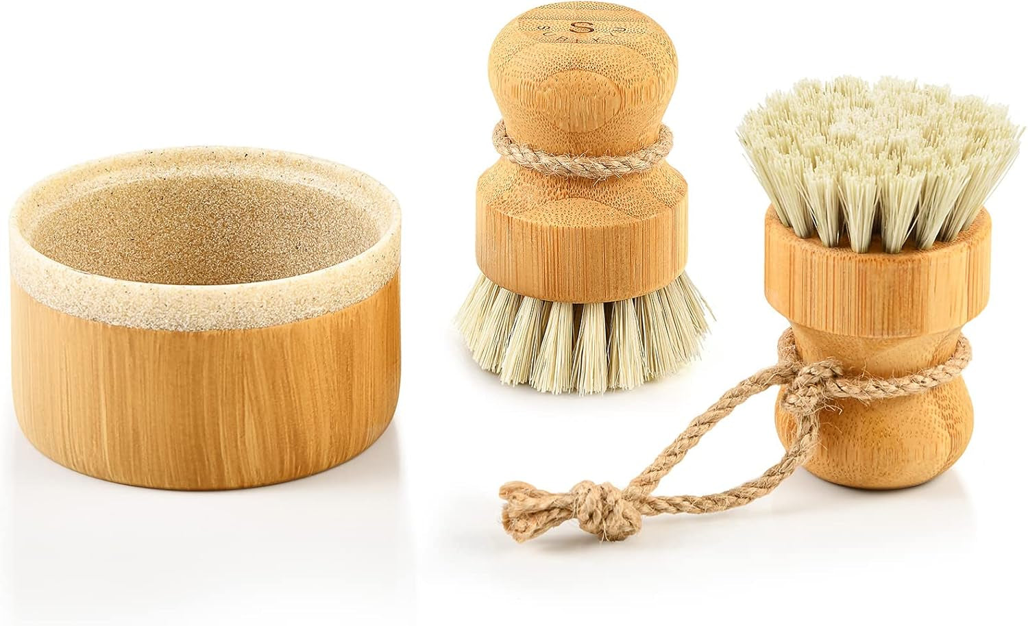 Bamboo Dish Scrub Brushes by Subekyu, Kitchen Wooden Cleaning Scrubbers Set for Washing Cast Iron Pan/Pot, Natural Sisal Bristles, Set of 3