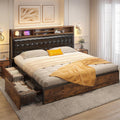 EnHomee King Size Bed Frame with 4 Storage Drawers King Bed Frame and Headboard Upholstered Charging Station,No Noise,No Box Spring Needed,Vintage Brown