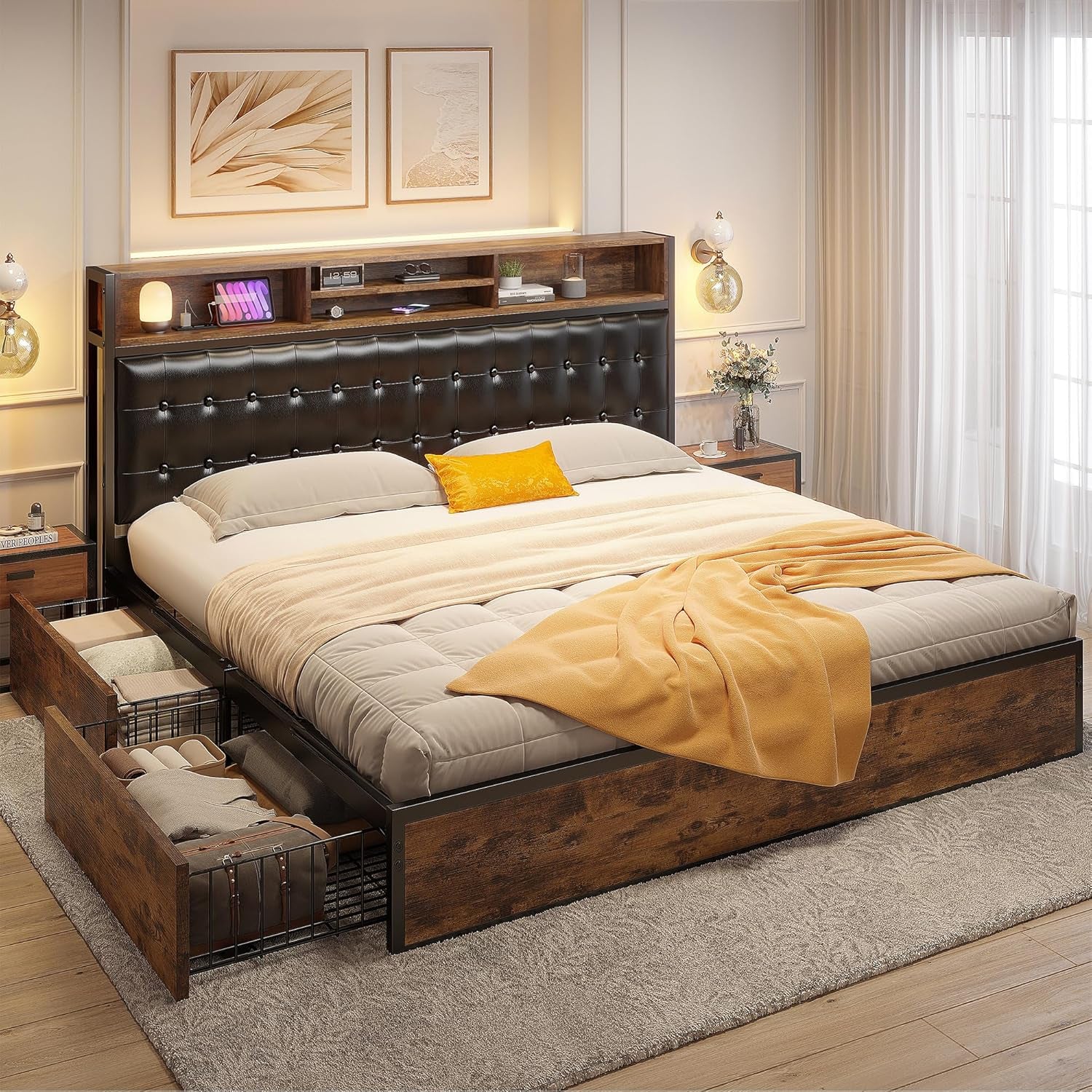 EnHomee King Size Bed Frame with 4 Storage Drawers King Bed Frame and Headboard Upholstered Charging Station,No Noise,No Box Spring Needed,Vintage Brown