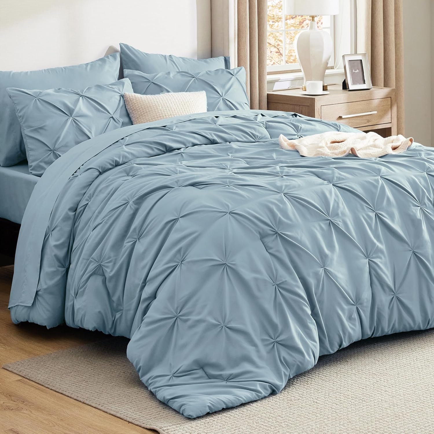 Bedsure Queen Comforter Set Grey - Bed in a Bag Queen Size 7 Pieces, GentleSoft™ Pintuck Bed Set Gift for Family, Pinch Pleat Grey Comforter with Sheets, Pillowcases & Shams