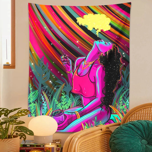 Trippy Tapestry Hippie Cool Girl Tapestry Wall Hanging Purple Art Anime Aesthetic Tapestry Bedroom Dorm Living Room Home Decor