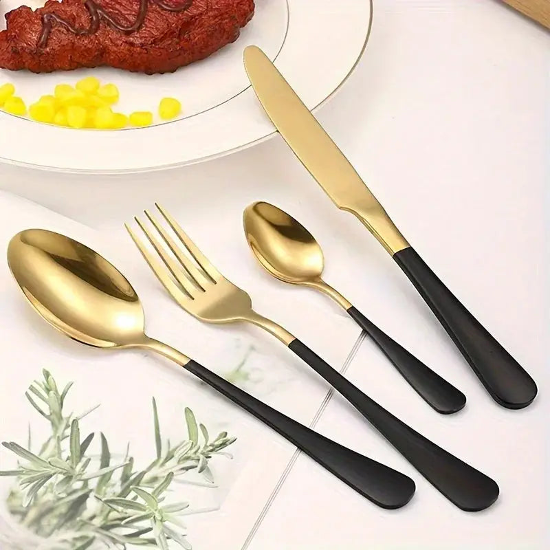 24-piece stainless steel cutlery set in various colors, including gold, black, white, and iridescent. Includes knives, forks, spoons, and teaspoons with a stylish stand.