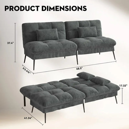 Convertible Futon Sofa Bed, 68" Corduroy Futon Couch with Adjustable Backrest, Folding Futon Loveseat for Living Room