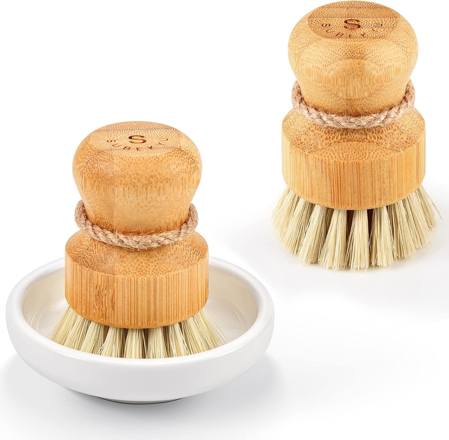 Bamboo Dish Scrub Brushes by Subekyu, Kitchen Wooden Cleaning Scrubbers Set for Washing Cast Iron Pan/Pot, Natural Sisal Bristles, Set of 3