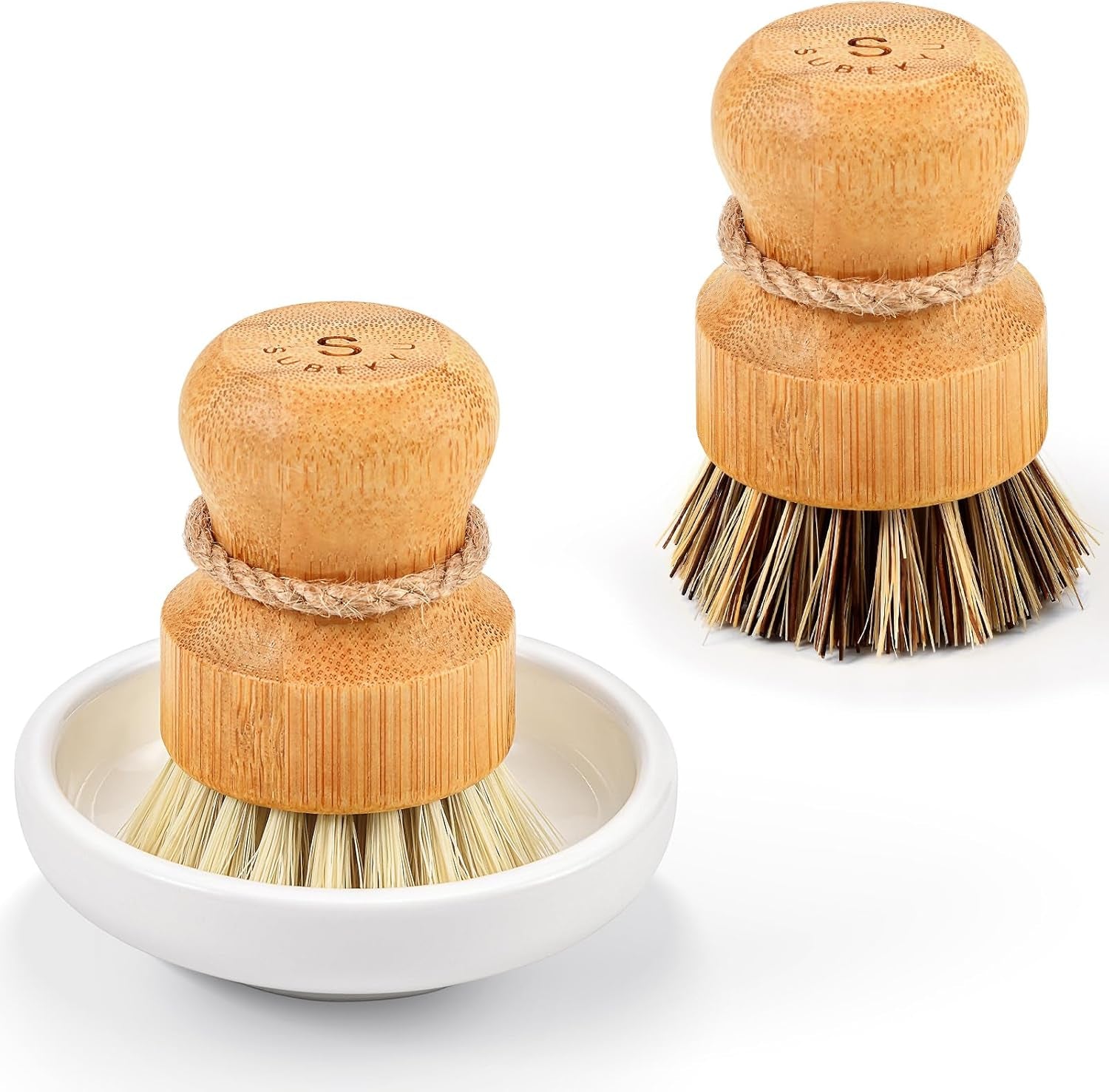 Bamboo Dish Scrub Brushes by Subekyu, Kitchen Wooden Cleaning Scrubbers Set for Washing Cast Iron Pan/Pot, Natural Sisal Bristles, Set of 3