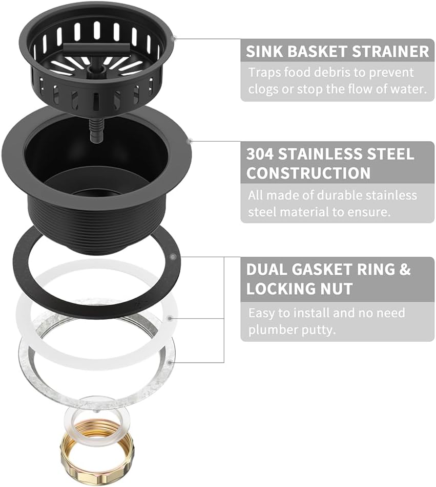 KONE Black Kitchen Sink Drain Matte Black Sink Strainer 3-1/2 Inch Drain Assembly Kit 