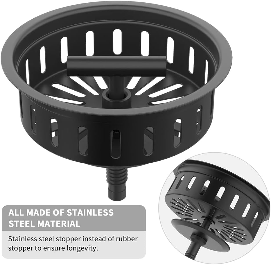KONE Black Kitchen Sink Drain Matte Black Sink Strainer 3-1/2 Inch Drain Assembly Kit 