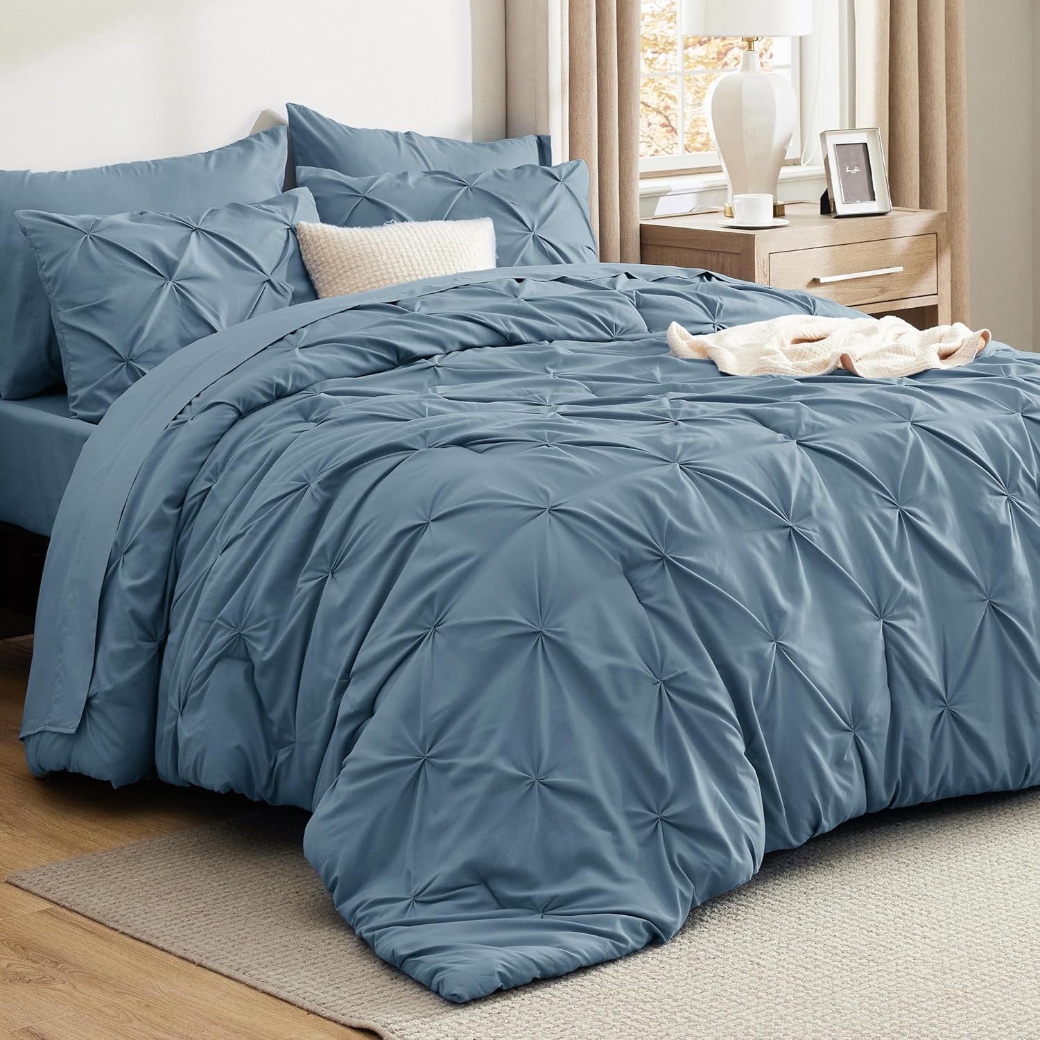 Bedsure Queen Comforter Set Grey - Bed in a Bag Queen Size 7 Pieces, GentleSoft™ Pintuck Bed Set Gift for Family, Pinch Pleat Grey Comforter with Sheets, Pillowcases & Shams