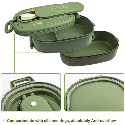 Green leakproof bento lunch box with cutlery set for kids and adults, placed on a kitchen counter. Durable, non-toxic, and safe for daily use.