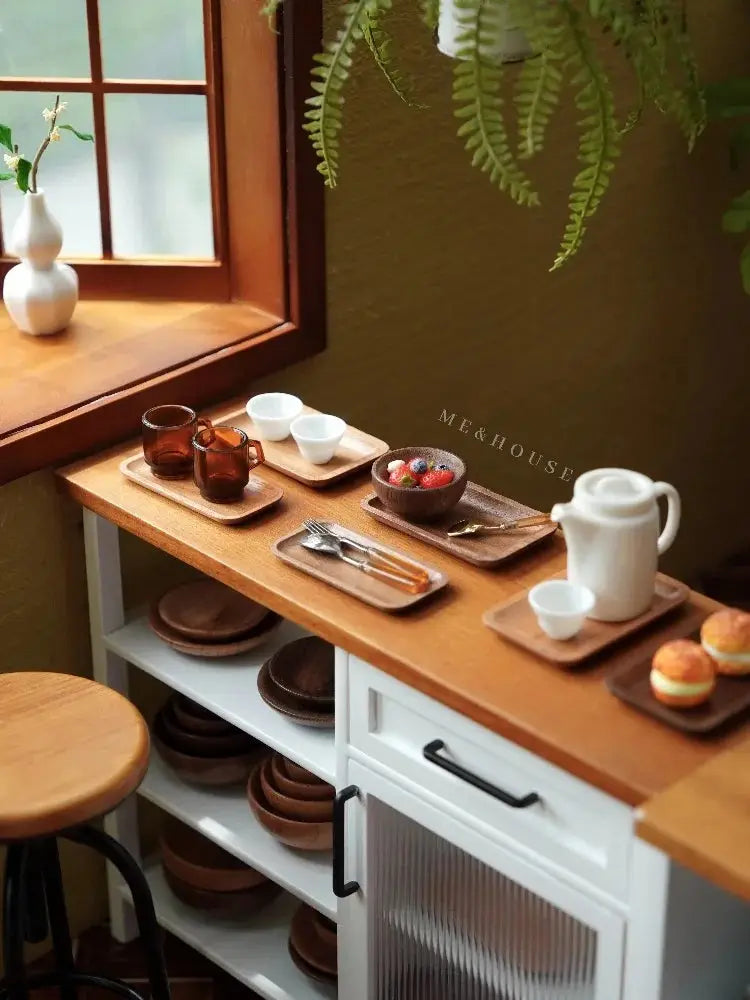 Mini Dollhouse Furniture Set - 1:6 solid wood bowls, plates, and trays arranged on a wooden table. Perfect for Bjd and Lol doll accessories.