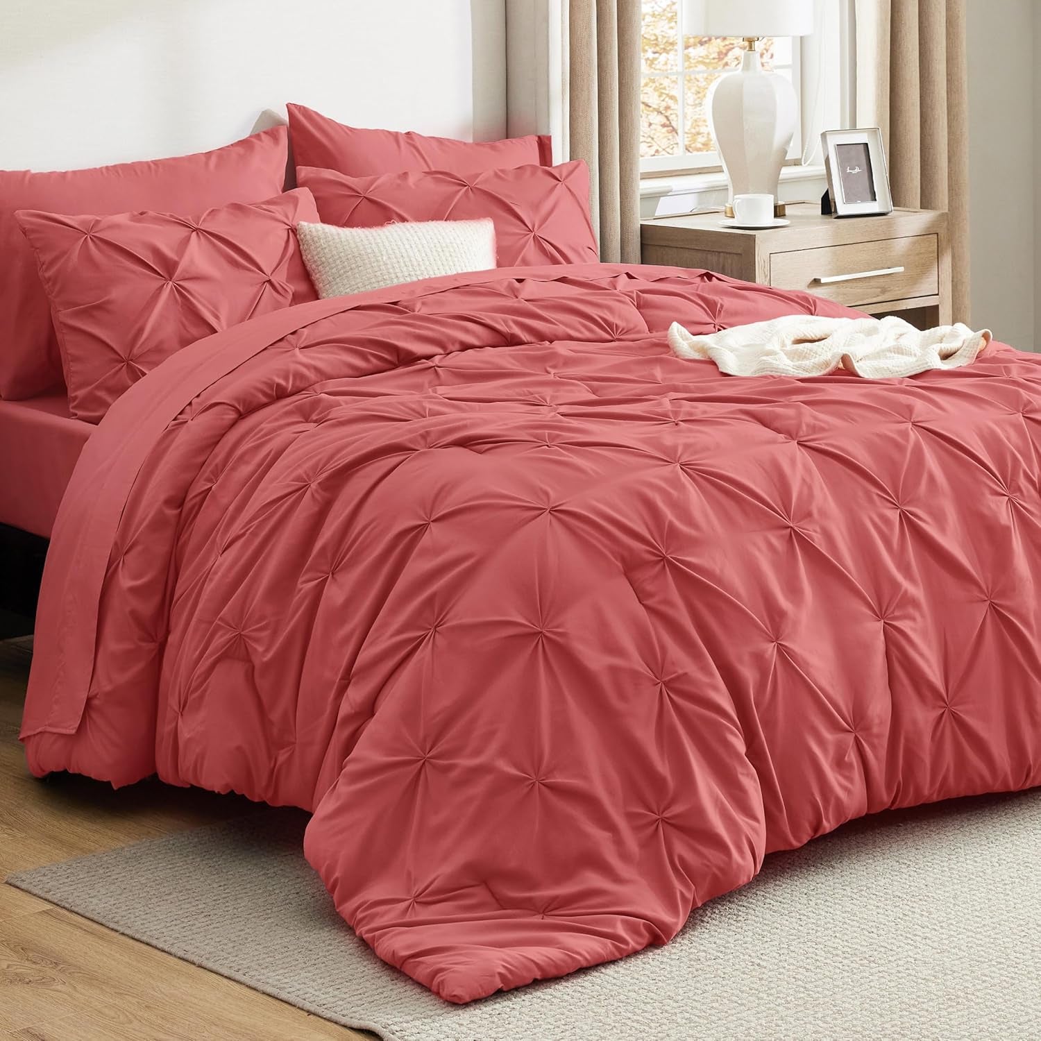 Bedsure Queen Comforter Set Grey - Bed in a Bag Queen Size 7 Pieces, GentleSoft™ Pintuck Bed Set Gift for Family, Pinch Pleat Grey Comforter with Sheets, Pillowcases & Shams