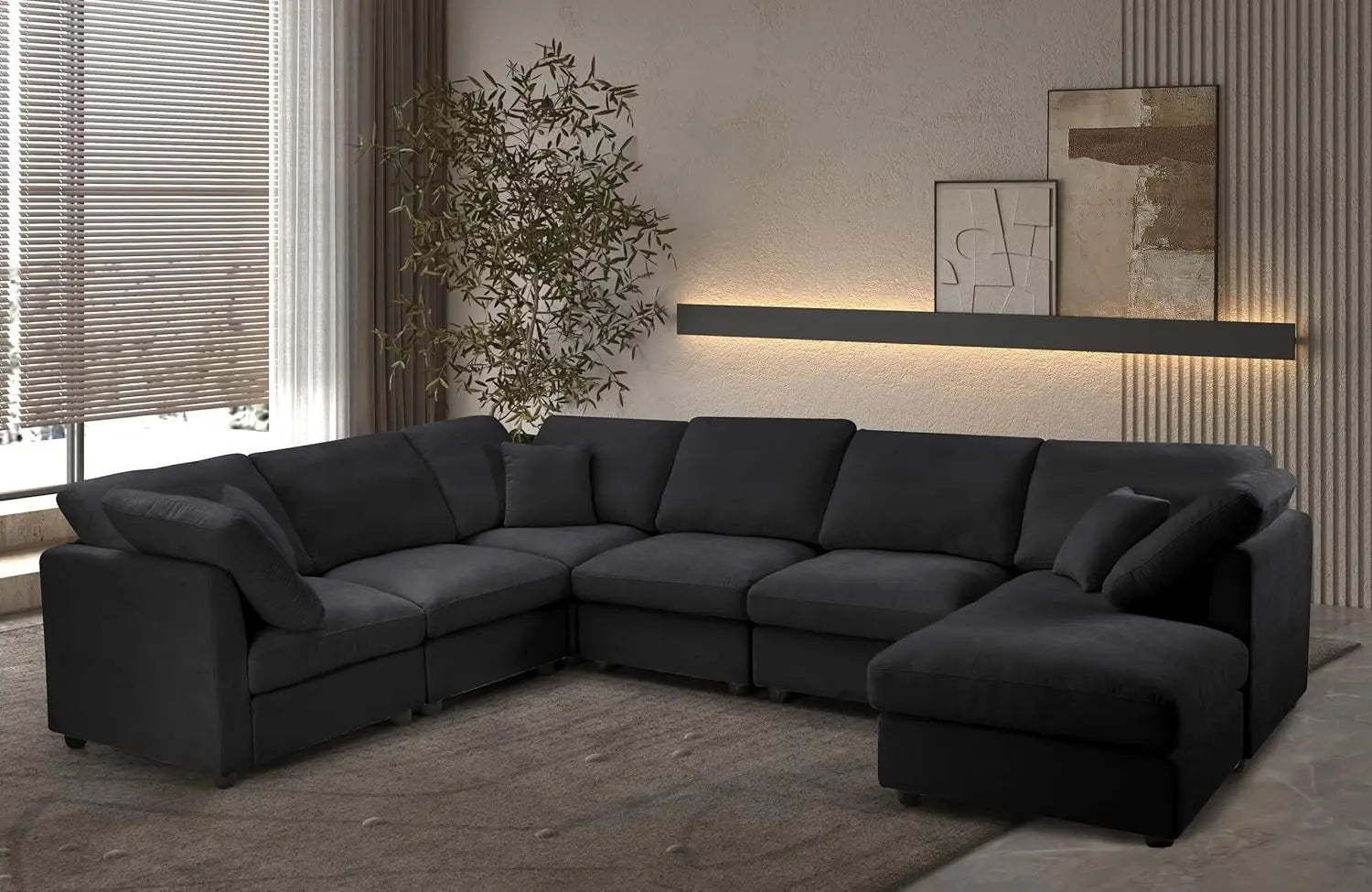 7 Seater Oversized Modular Sectional Sofa with deep seats and reversible chaise. Cloud couch design with free combination layout and plush cushions.