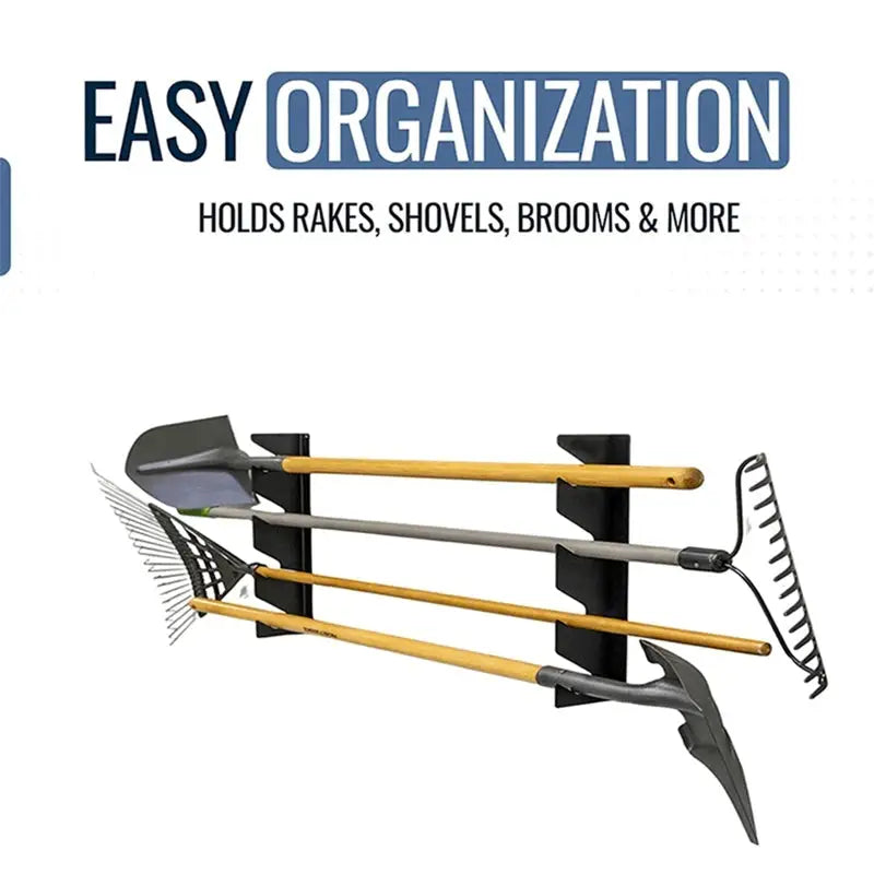 it's designed with multiple horizontal slots to accommodate various tools like shovels