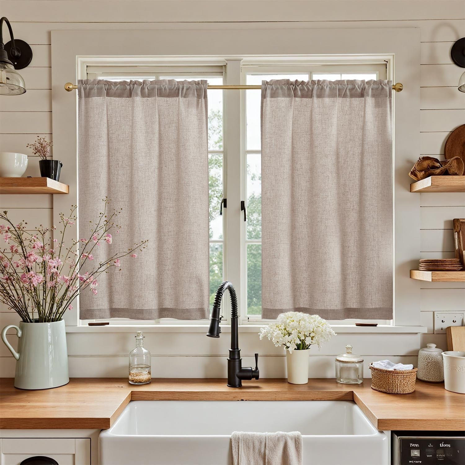 jinchan Linen Pinch Pleated Kitchen Curtains 24 Inch 2 Panels, Natural Linen Tier Curtains Back Tab Beige Farmhouse Cafe, Light Filtering Small Window Drapes for Bathroom Laundry Room Beige