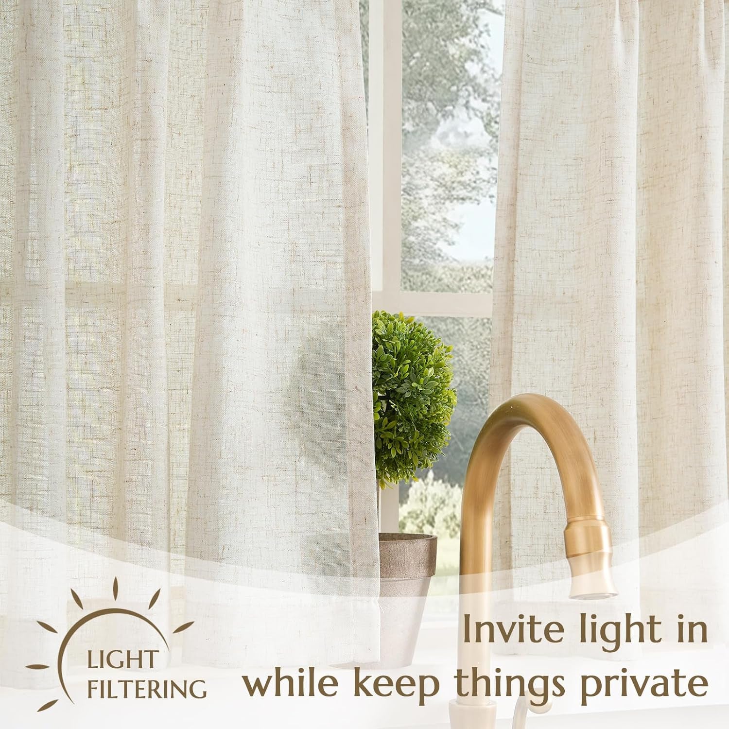 jinchan Linen Pinch Pleated Kitchen Curtains 24 Inch 2 Panels, Natural Linen Tier Curtains Back Tab Beige Farmhouse Cafe, Light Filtering Small Window Drapes for Bathroom Laundry Room Beige