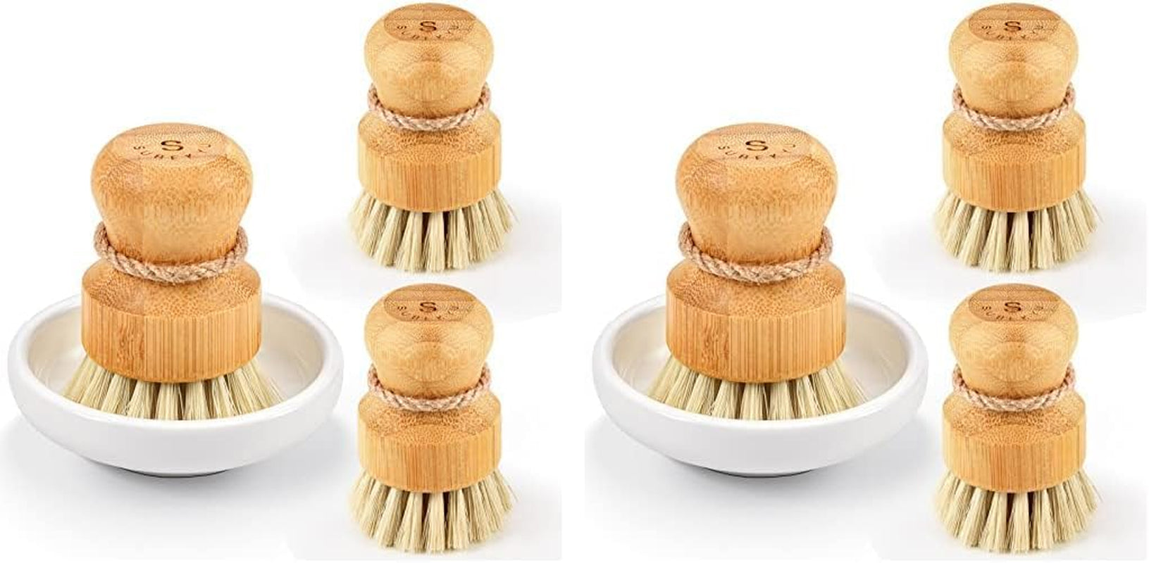 Bamboo Dish Scrub Brushes by Subekyu, Kitchen Wooden Cleaning Scrubbers Set for Washing Cast Iron Pan/Pot, Natural Sisal Bristles, Set of 3