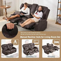 RV recliner sofa wall hugger with theater seating in dark brown leather. Features a center console with cup holders, ideal for RVs and home theaters.