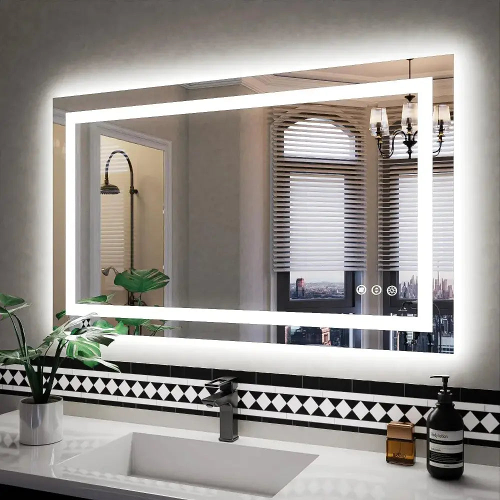 40'' LED makeup mirror with anti-fog technology, dimmable lighting, and shatter-proof glass. Ideal for modern vanity setups and skincare routines.