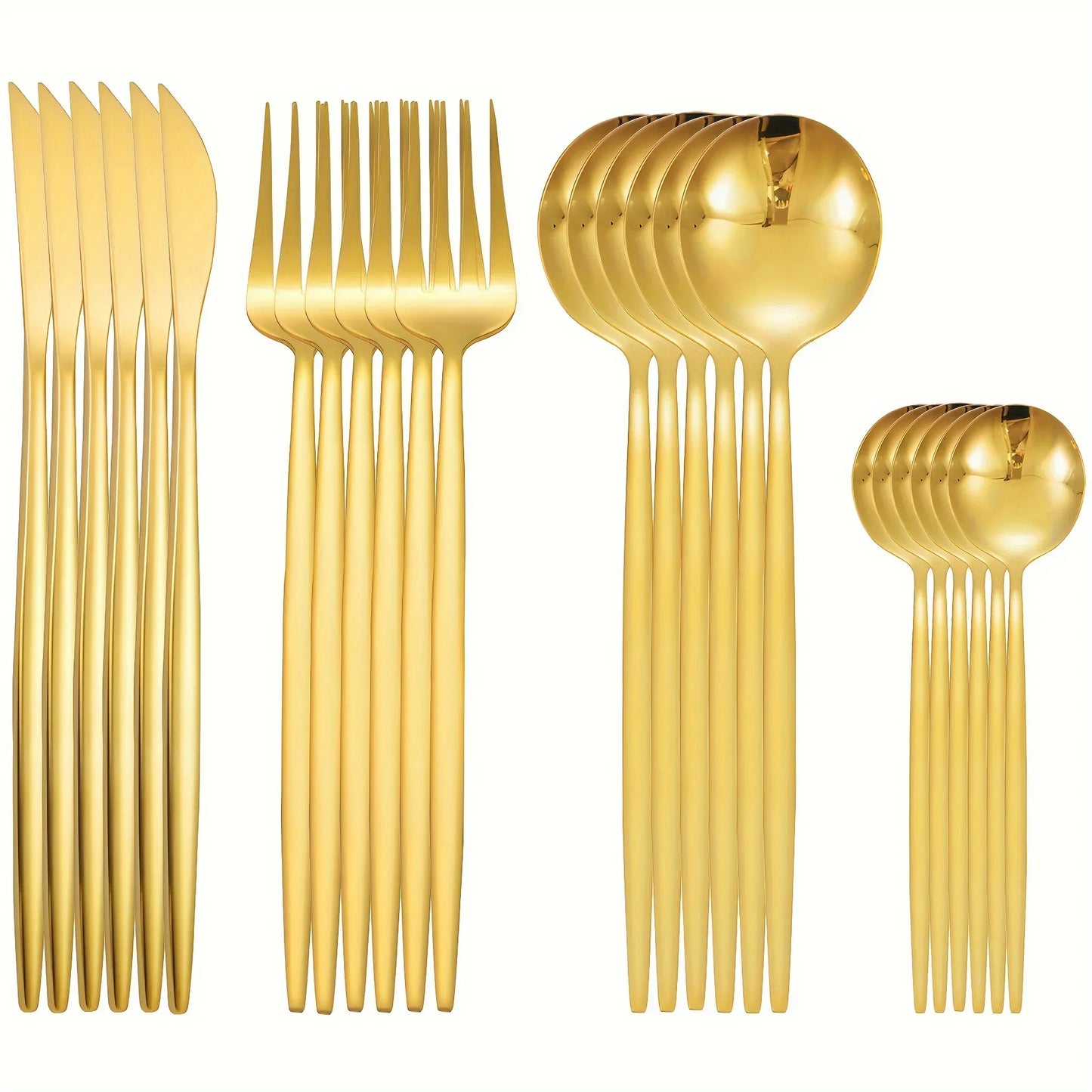 24-piece stainless steel golden cutlery set with a mirror finish, including forks, knives, and spoons. Elegant gold flatware for modern dining.