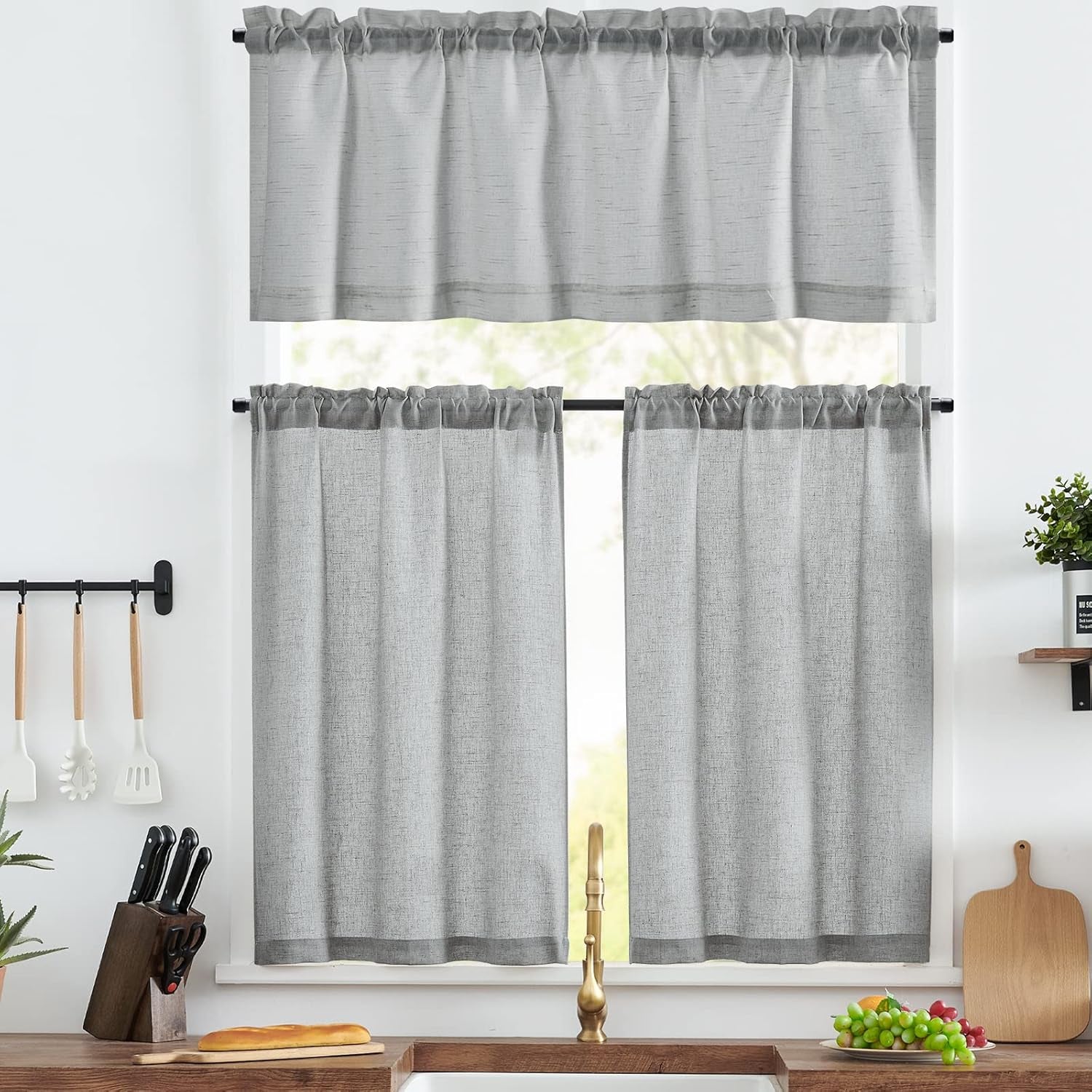 jinchan Linen Pinch Pleated Kitchen Curtains 24 Inch 2 Panels, Natural Linen Tier Curtains Back Tab Beige Farmhouse Cafe, Light Filtering Small Window Drapes for Bathroom Laundry Room Beige