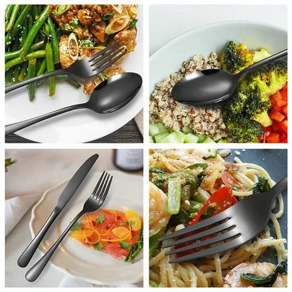 24-piece stainless steel cutlery set in various colors, including gold, black, white, and iridescent. Includes knives, forks, spoons, and teaspoons with a stylish stand.