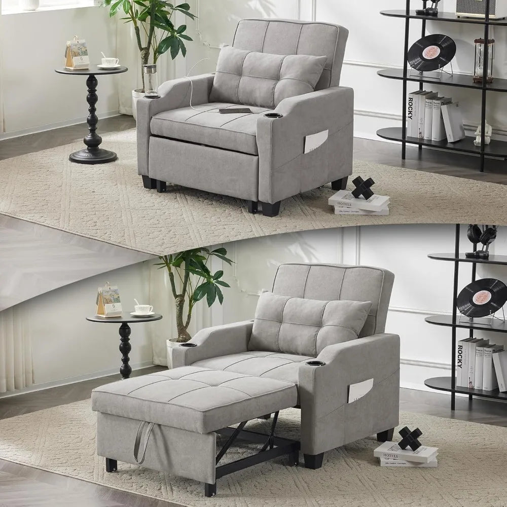 Sleeper Chair 3-in-1 Convertible Sofa Bed Adjustable Recliner Sofa Modern Pull Out Couch Bed with 2 USB Ports 2 Cup Holders