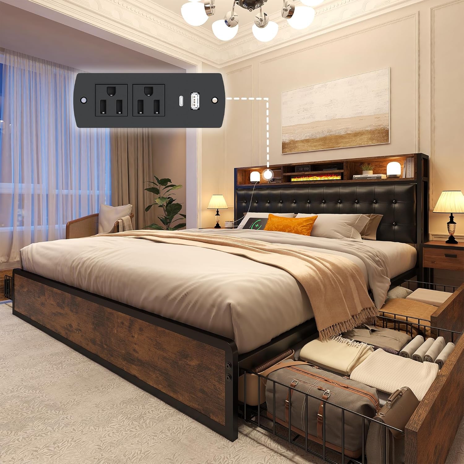 EnHomee King Size Bed Frame with 4 Storage Drawers King Bed Frame and Headboard Upholstered Charging Station,No Noise,No Box Spring Needed,Vintage Brown