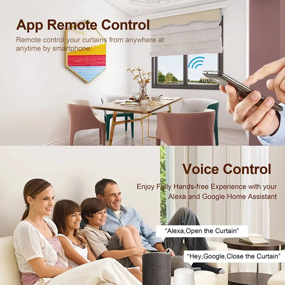 Tuya Smart Life WiFi Curtain Module enables app remote control for roller shutters and blinds via smartphone, compatible with Google Home and Alexa.