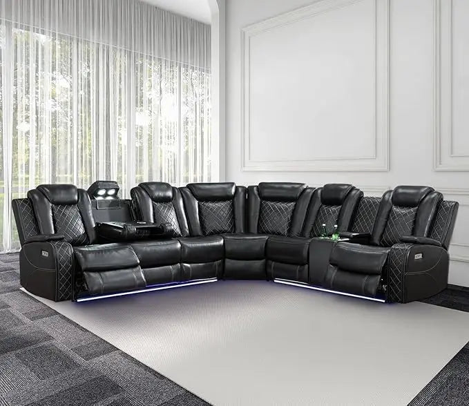 Recliner, Power Recliner Sofa Sectional Couches with LED Light, Leather Reclining Corner Sectional Sofa Set with 3 Recliner Seat