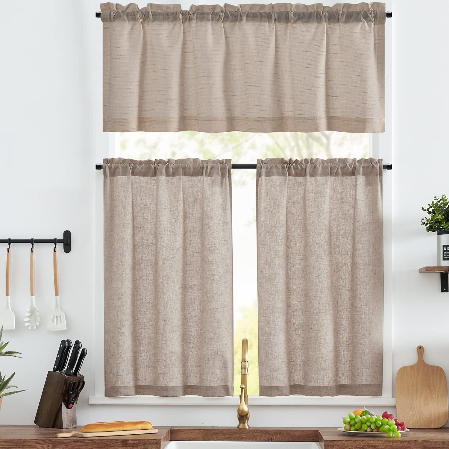 jinchan Linen Pinch Pleated Kitchen Curtains 24 Inch 2 Panels, Natural Linen Tier Curtains Back Tab Beige Farmhouse Cafe, Light Filtering Small Window Drapes for Bathroom Laundry Room Beige