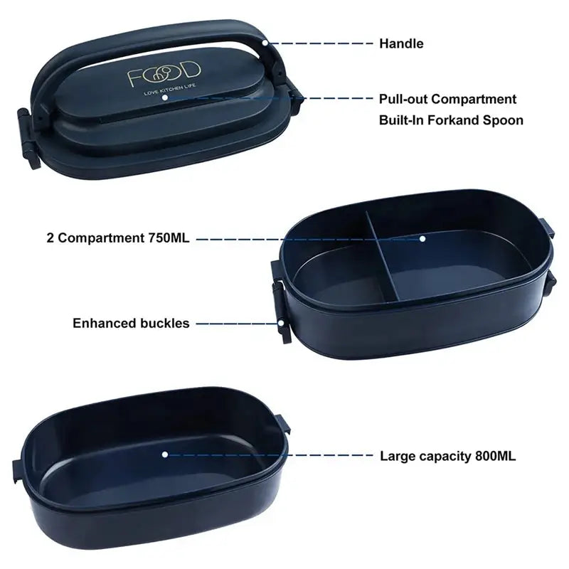 Leakproof bento box for kids and adults, 1550ML 2-layer lunch box set in navy blue. Dishwasher safe, freezer safe, and microwave safe.