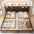 EnHomee King Size Bed Frame with 4 Storage Drawers King Bed Frame and Headboard Upholstered Charging Station,No Noise,No Box Spring Needed,Vintage Brown