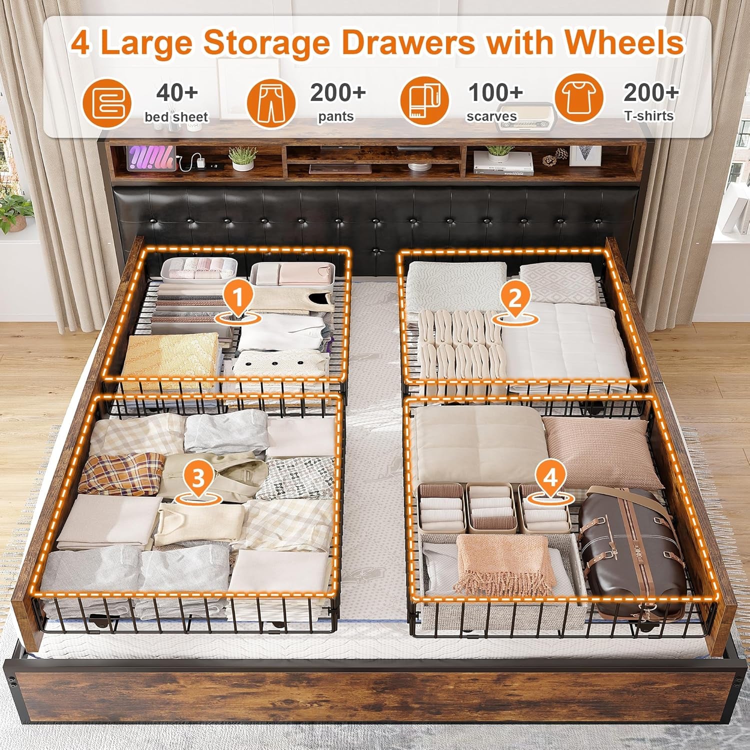 EnHomee King Size Bed Frame with 4 Storage Drawers King Bed Frame and Headboard Upholstered Charging Station,No Noise,No Box Spring Needed,Vintage Brown