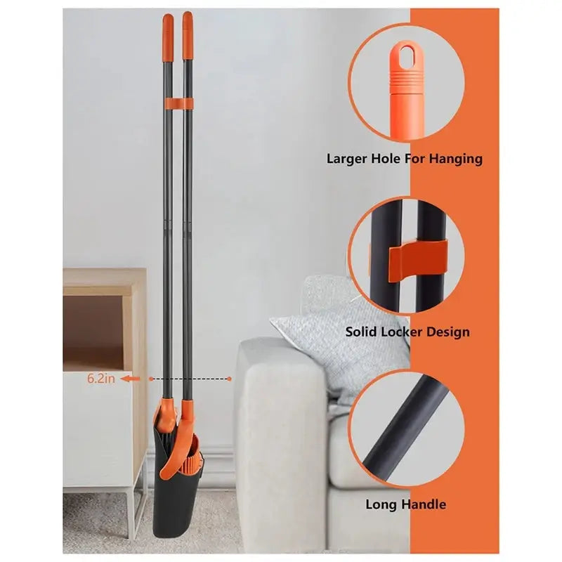 Broom and dustpan set with a 52-inch long handle, featuring a flexible rubber lip for efficient sweeping. Ideal for home cleaning with a standing dustpan.